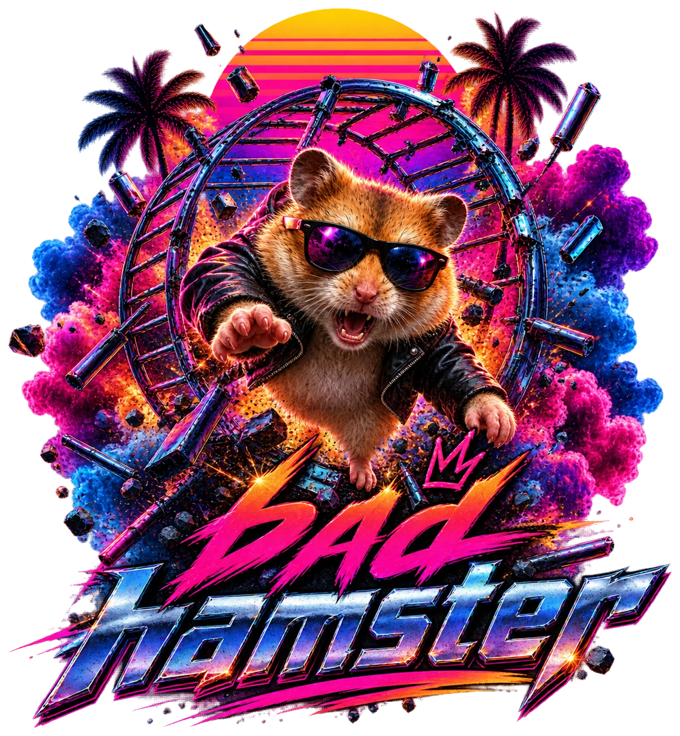 Bad Hamster in sunglasses bursting through a neon hamster wheel
